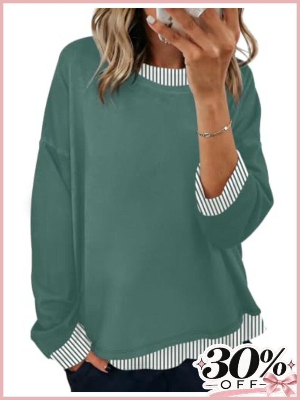 Oversized Crewneck Sweatshirt Faux Layer Striped Trim Lightweight Tunic